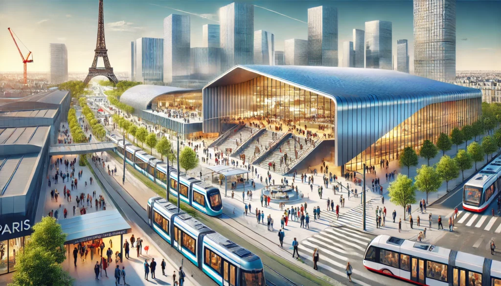 Paris Expo Porte de Versailles: Exhibition & Convention Center 2025 3 DALL·E 2024 12 26 01.04.56 A vibrant and modern representation of the Paris Expo Porte de Versailles. The scene shows the iconic exhibition center with sleek architectural lines