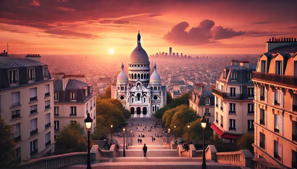 Les Secrets de Paris : Une Immersion Unique dans la Ville Lumière 75 4 Une vue depuis les marches du Sacre Coeur montrant Paris au coucher du soleil